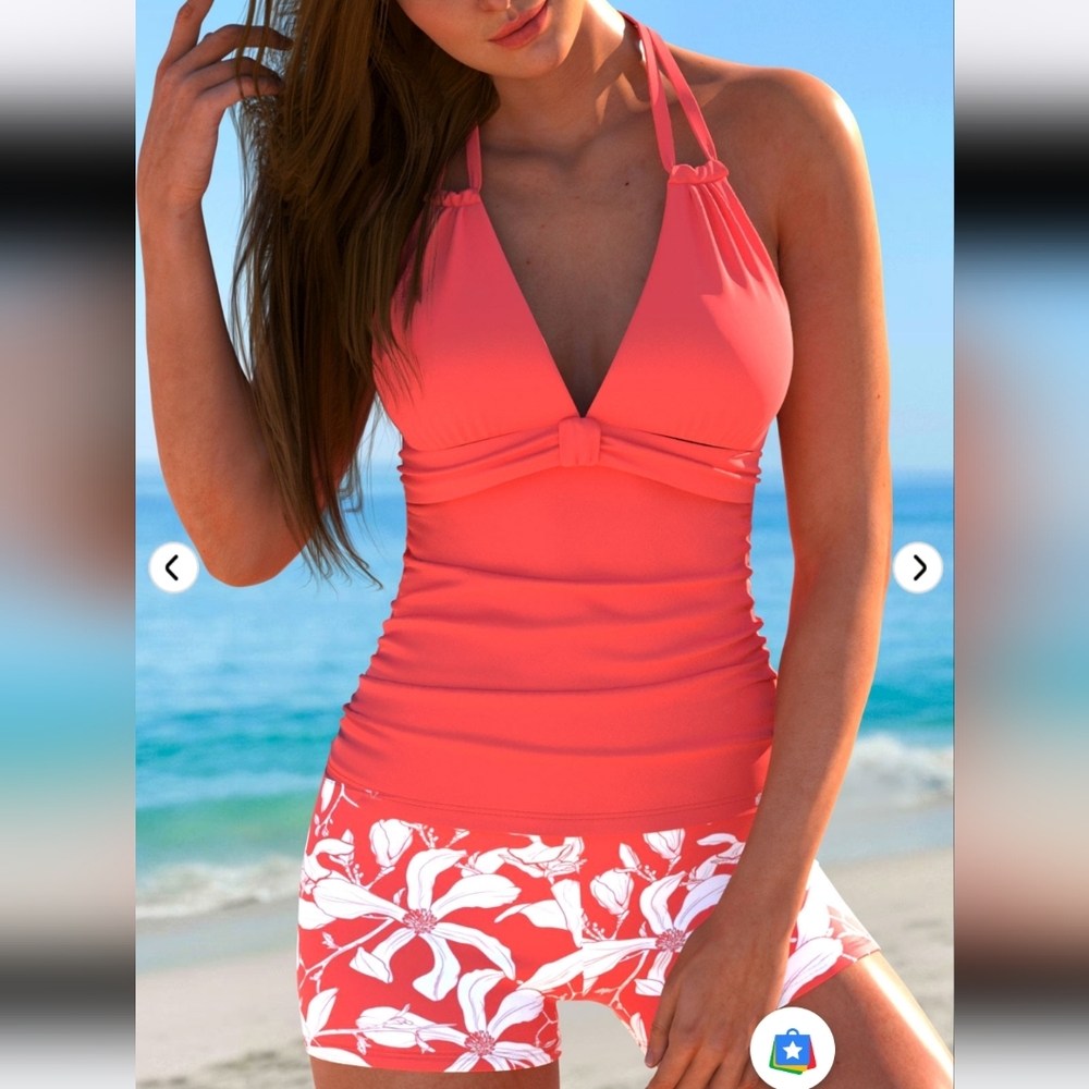 Coral Halter Neck Swim Top and Floral Shorts